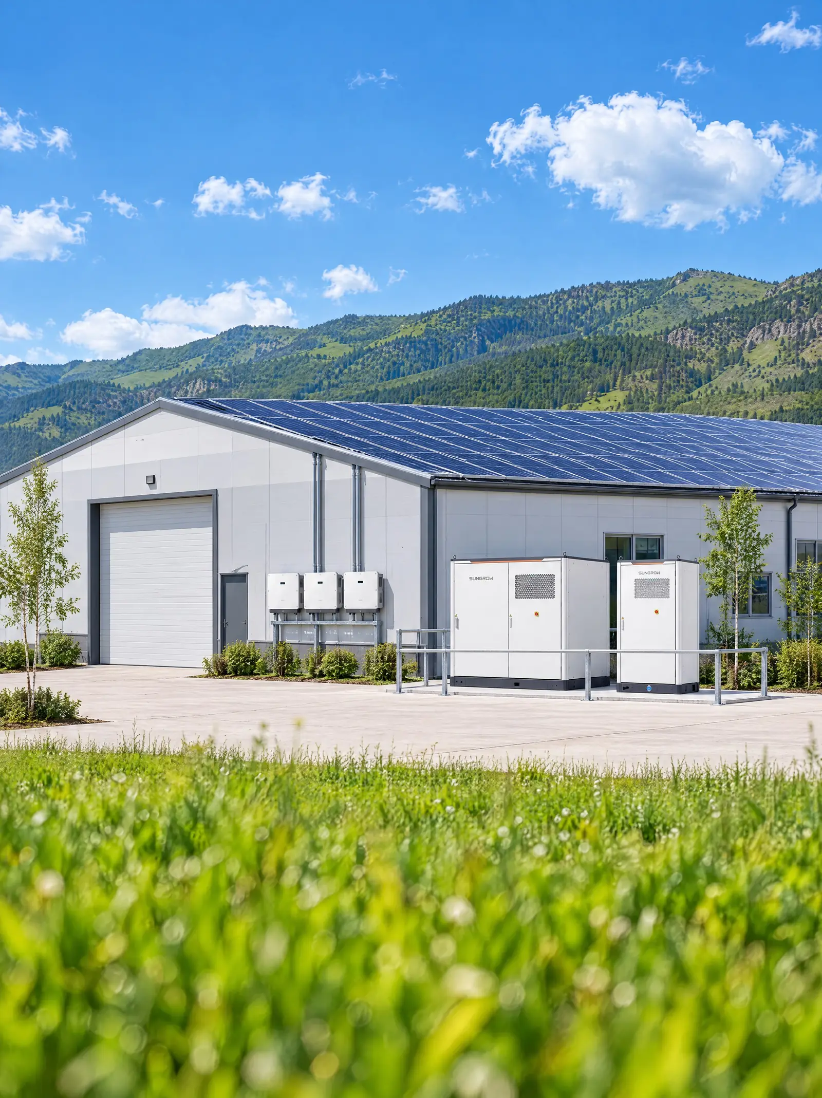Дээвэртээ Trina Solar хавтантай, хананд нь Sungrow инвертер, хажууд нь Sungrow PowerStack хуримтлуурын шүүгээ суурилуулсан үйлдвэрийн барилга